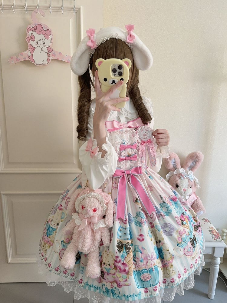 Ice Cream Print White Skirt and Teddy Sweet Lolita Jumper
