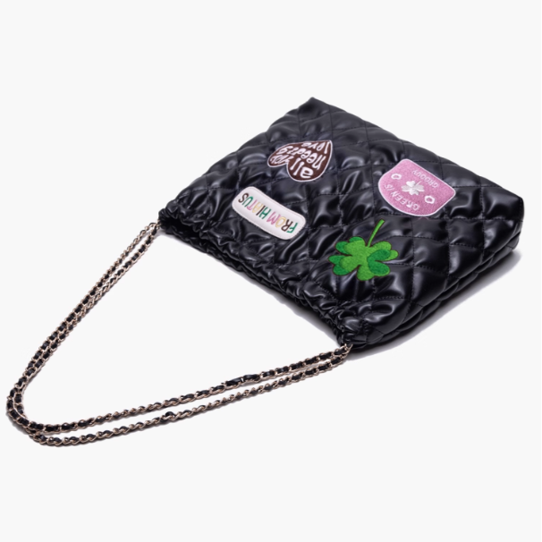 Quilted Drawstring Shoulder Black Diamond Bag With Clover And Letter Embroidery Chic