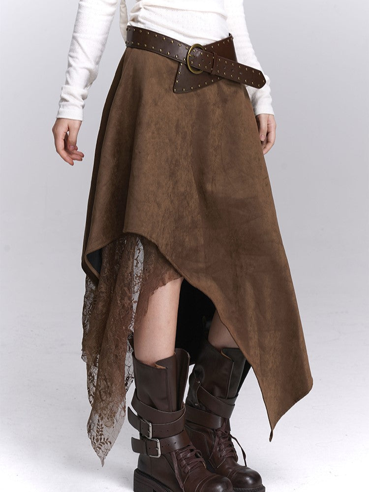 with Fashion Lace Handkerchief Hem Coffee Skirt Details Wasteland Patchwork Millard Suede