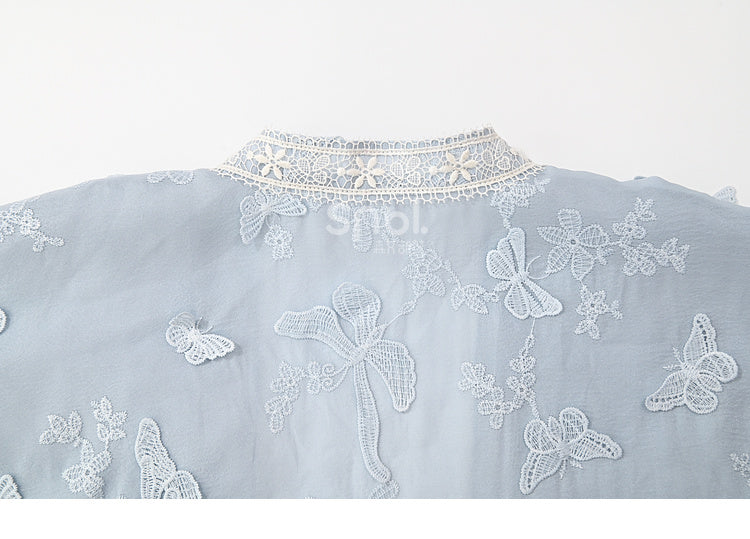 Sleeves Top Hem Butterfly Floral Embroidery Blue Tassels Design Long