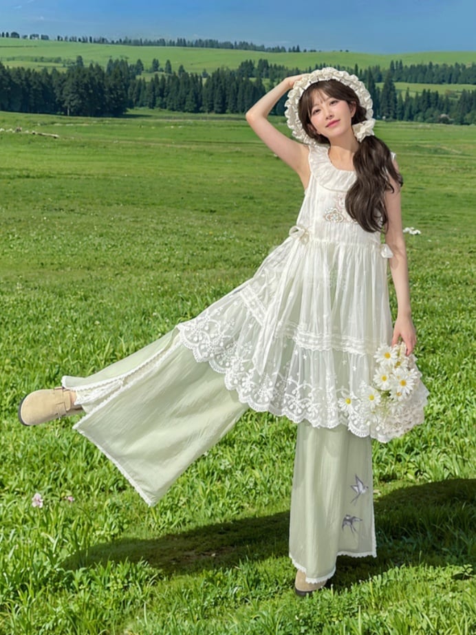 Side Self-tie Fawn Embroidery Chiffon Overdress Neckline with White Semi-Sheer Ruffle Straps