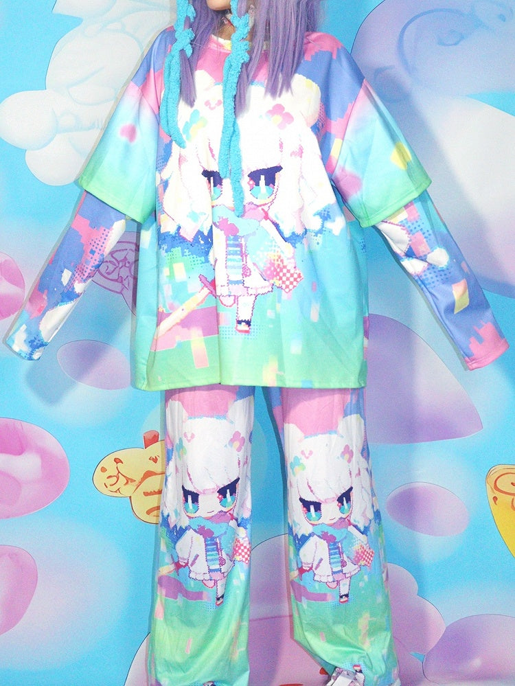 Print Colorful Sleeves Y2K Cartoon Top Long