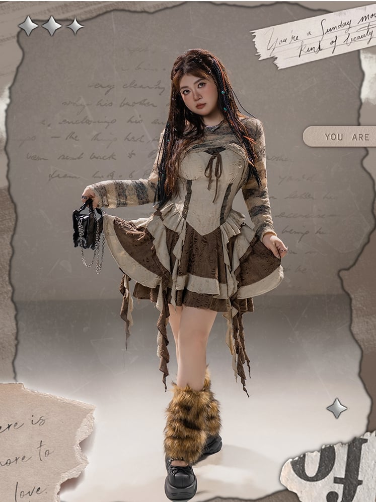 Plus Size Basque Waist Cascading Ruffles Distressed Wasteland Punk Brown Holes Cami Dress