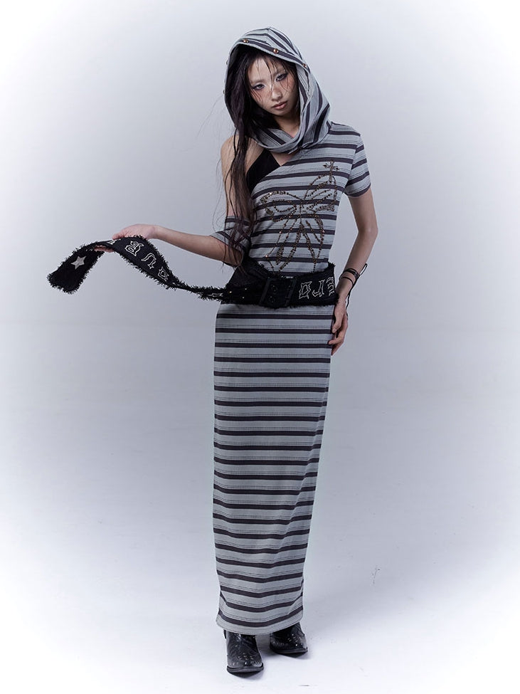 Cutout Wasteland Punk Hooded Buckle Gray Green Striped Dress and with Belt Shoulder