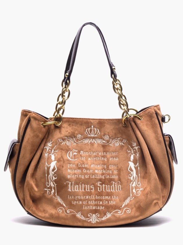 Capacity Vintage Brown Gothic Lettering Embroidered Tote Bag with Large