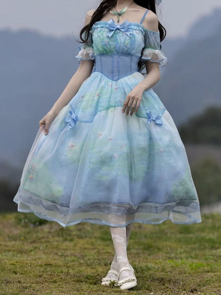 Water Lily Print Basque Waist Sky Dress with Organza Overlay Oil Painting Blue