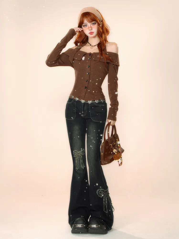 Lace-up Jeans at Bowknots Black Back Flared Details