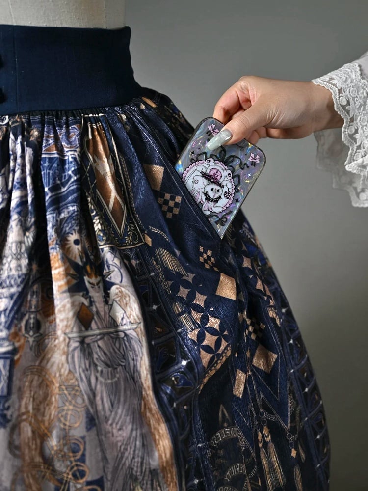 Chess Theme Blue Belt Waist Skirt Corset Print Dark Lolita