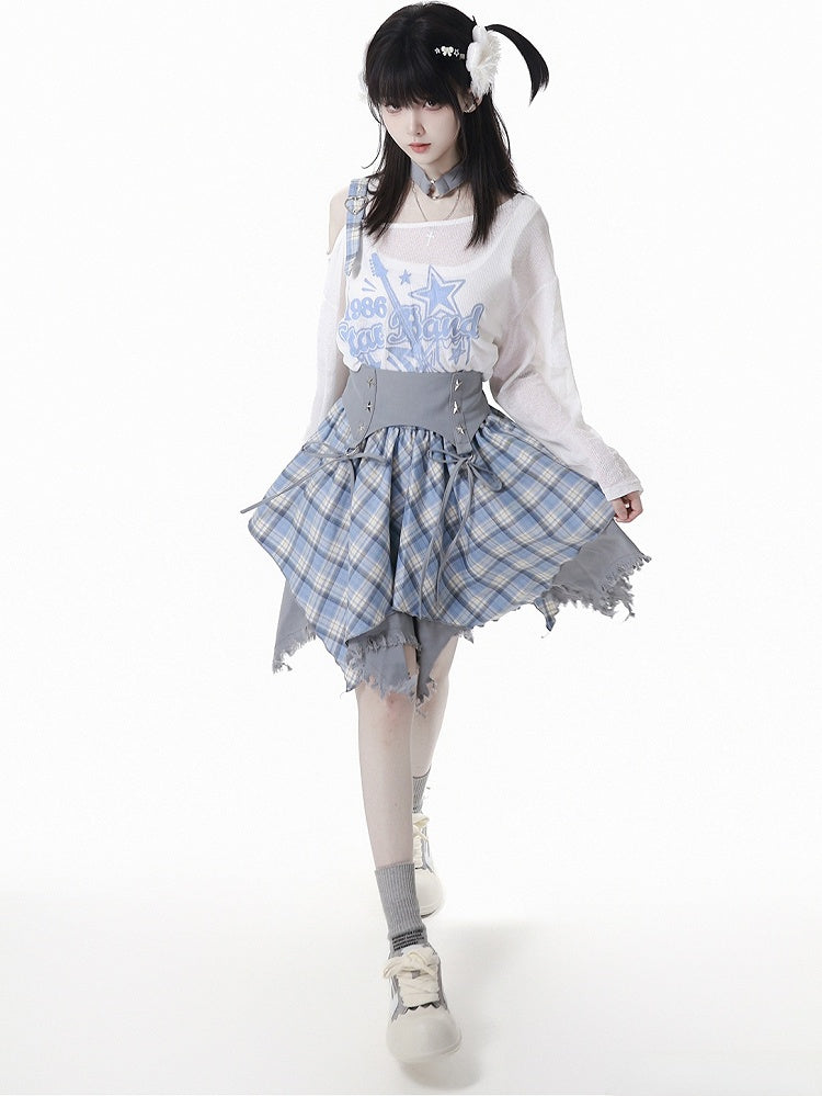 Plaid Skirt White /Black Frayed Handkerchief Hem Blue