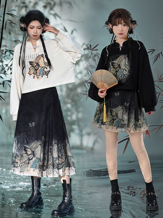 Banded Sweatshirt Collar Butterfly Style Cheongsam Print Black/Apricot