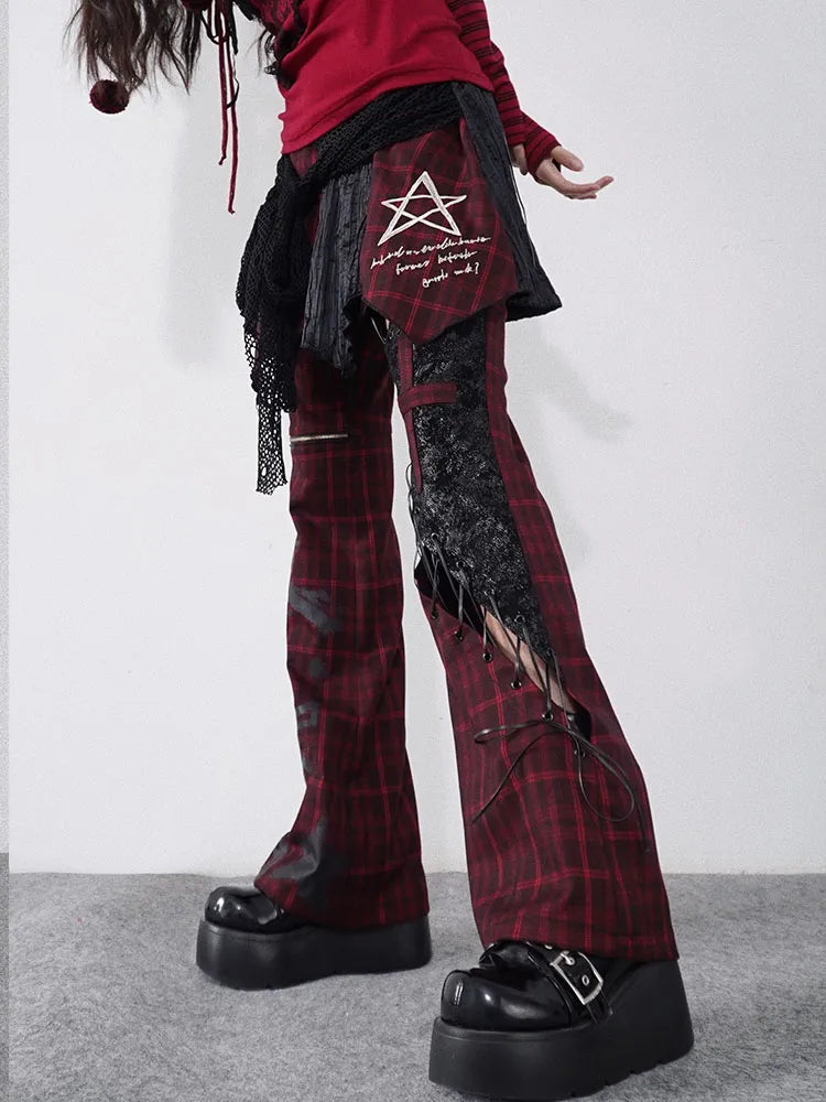 Rock Detail and Black Lace-up Red Pants Plaid Cutout Punk