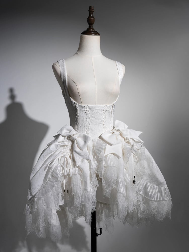 Weißes Shiro Lolita-Kleid aus Spinnennetzstoff mit Kordelzug am Saum unter der Brust