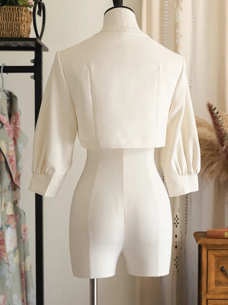 Sleeves Off Placket Top Open Elbow-length White