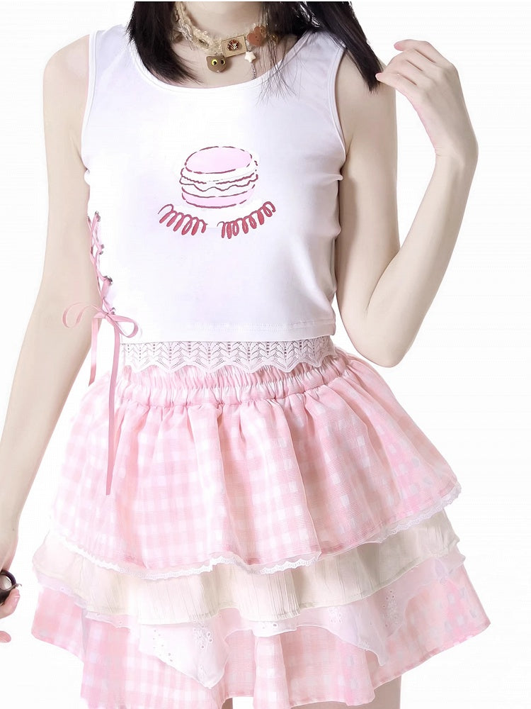 Detail Trim White/Red Burger Print Lace Tank Top with Lace-up