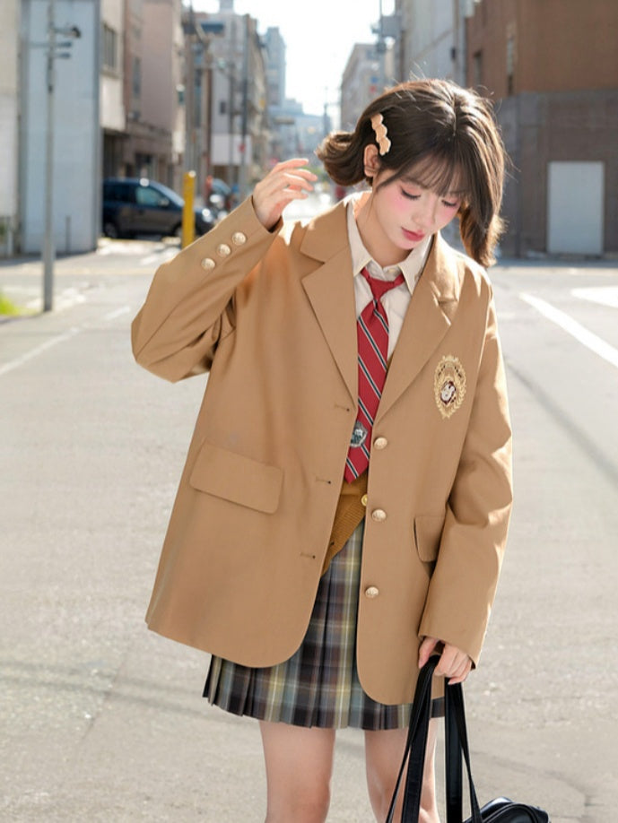 Brown Preppy Fashion Badge Blazer Embroidery JK Uniform Vintage Millard