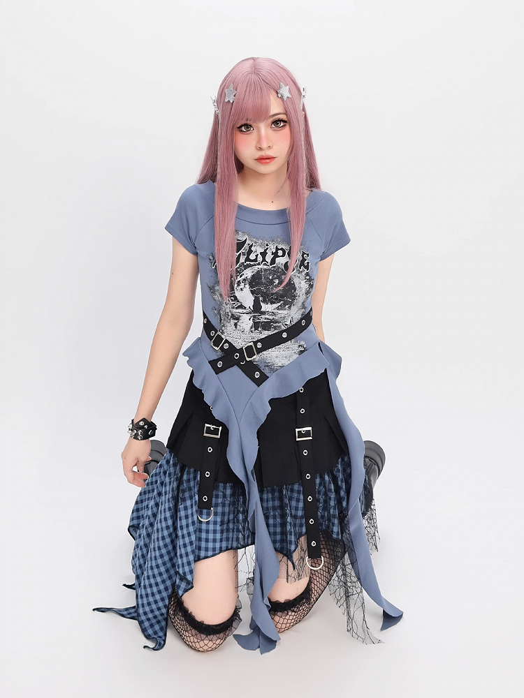 Y2K Blue/Black Criss-cross Design Cascading Ruffle Accents Moon T-shirt Print