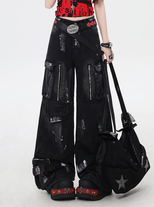 with Cut Rise Denim Pants Cargo Leg Paint Low Spray Black Wide