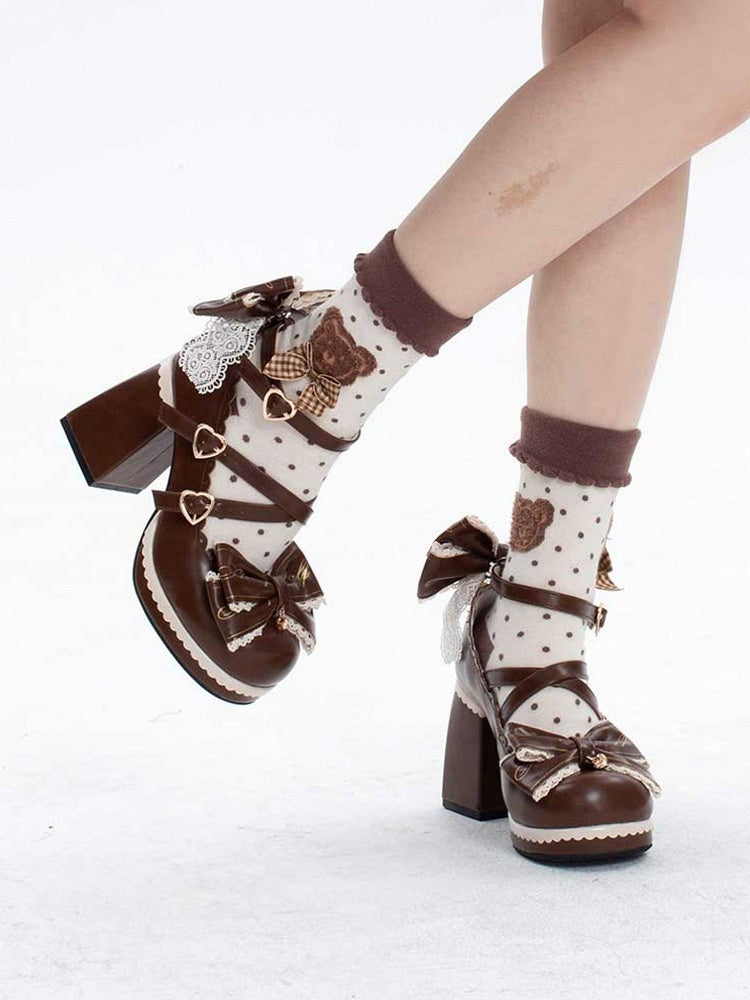 Heart Block Detachable at High Crisscross Brown Buckles Design Top Heels Bow