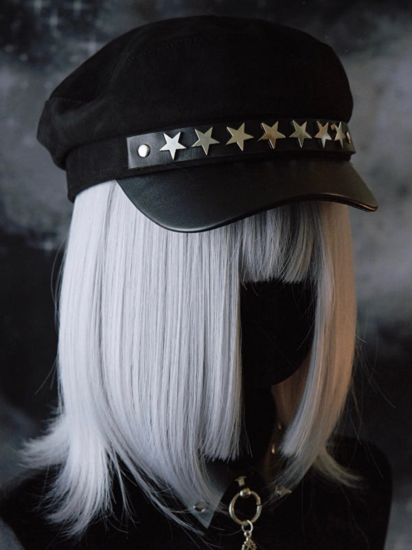 Details Gothic Hat Black Studs Star-shaped Beret