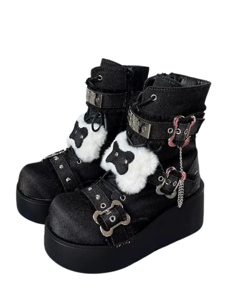 Knochen Kurze Denim-Zehen Runde Kleine Stiefel Plattform