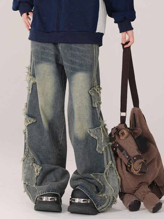 Patchwork Jeans Wide-Leg Distressed Star Blue Vintage - Detail