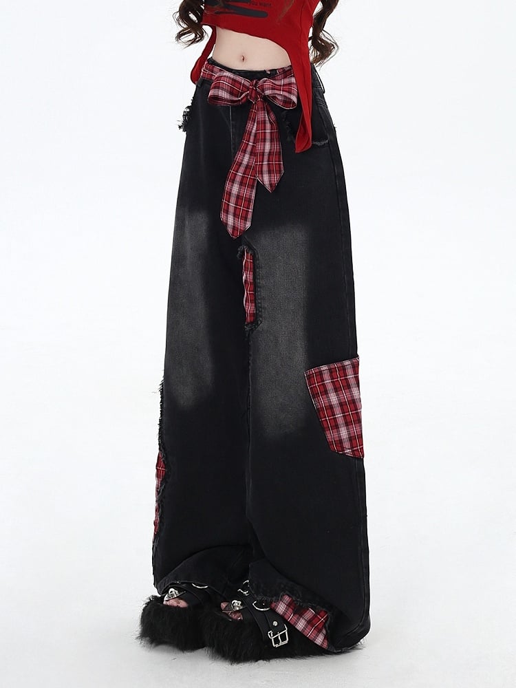 Black Street Wide-leg Bowknot Plaid Jeans High Cut Red