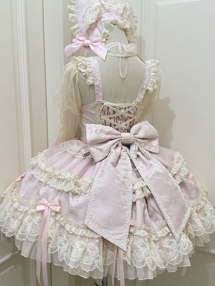 Fabric Pink Lolita Sweet Dress Bow Jacquard Accents Jumper Skirt
