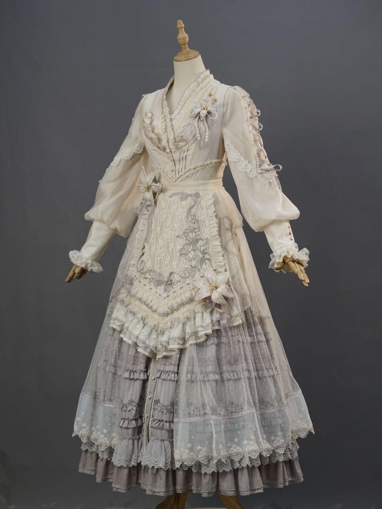 ユリの刺繍アップリケレイヤードヘムパープルクラシックロリータドレスフロントボタンプラケット