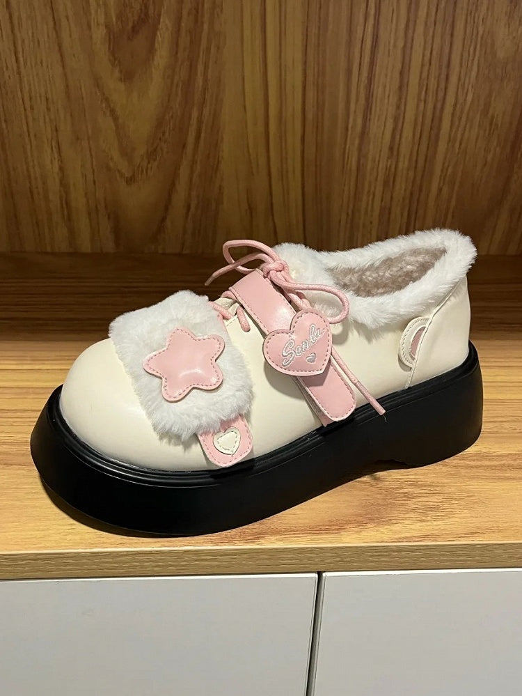 Accents Strap Design Winter Closures Beige Star Lolita Velcro Pink Fleece Lining Sweet Heart Cozy Platforms with
