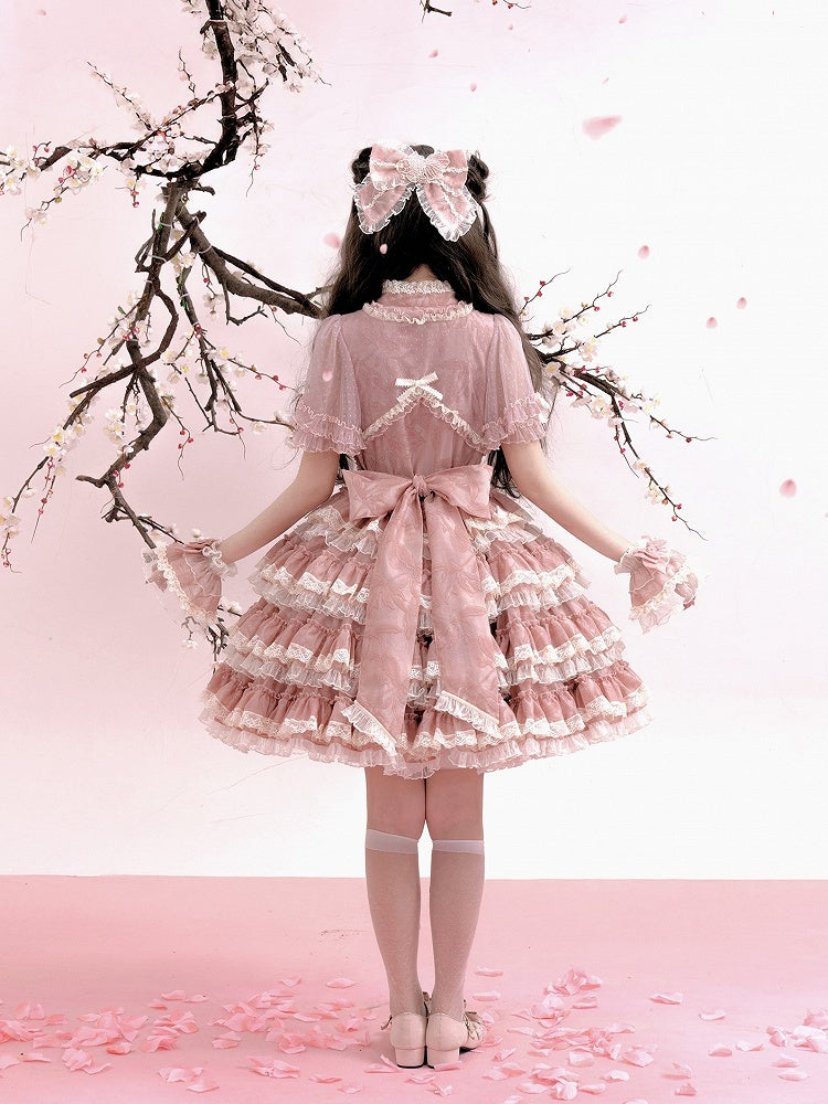 Lolita Ruffles Embroidery with Pink Lace Goldfish Details Dress Sweet and Tiered