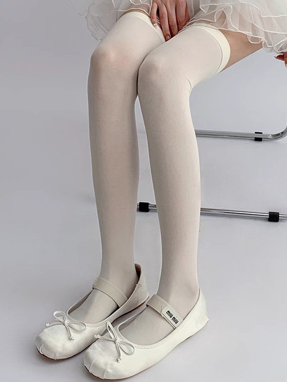 Ribbed Over-knee Sockings Trim Black/White/Beige/Gray