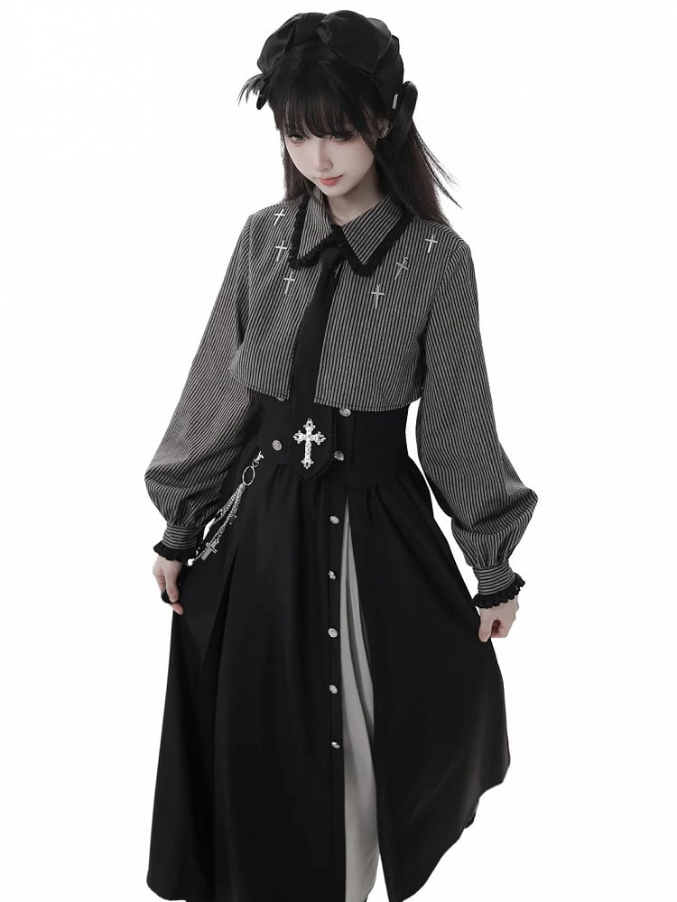 Gray Gothic Cross Black Oversized Shirt Collar Two-Piece Faux Dark Details Stripe Lace and Cuffs with |