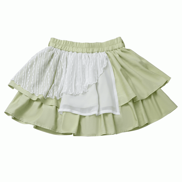 Green Cheongsam Tiered Skirt with Waist Belt Elastic Waist Style