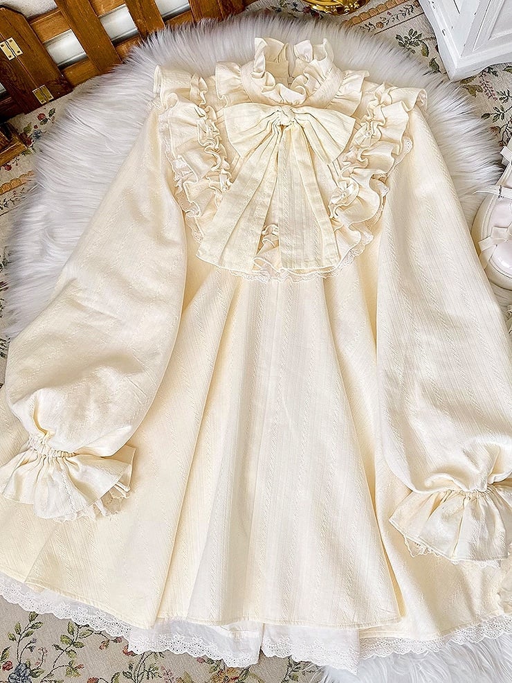 High Dress Bow Ruffled Sleeves Big Long Beige Sweet Cotton Lolita Neck