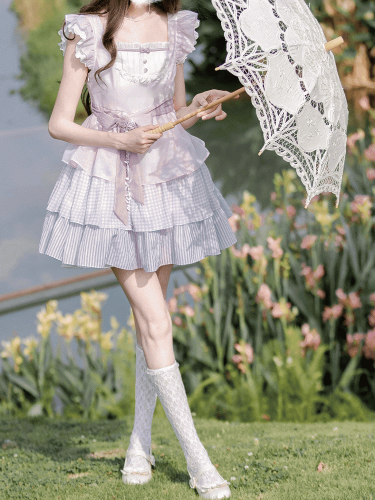 with and Skirt Belt Waist Tiered Sweet Lavender Flutter Sleeves Dress Floral Brooch