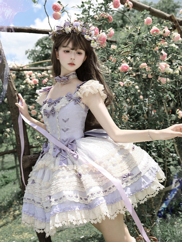 Rock Akzente Lila Kleid Taille Pullover Lolita Schleife Stäbchen Ballercore