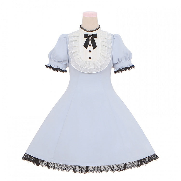 Blau/schwarzes Jirai Kei-Kleid mit Spitzenbesatz hinten und großer Schleife