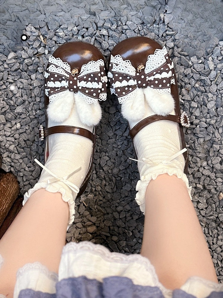 Lolita Bunny Schuhe Pom Mary Jane Braun Süß mit Ohren Schwanz