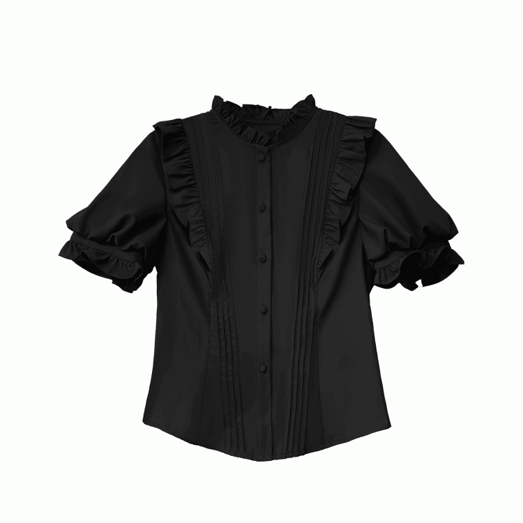 Schwarze Bluse mit Rüschenausschnitt, Puffärmeln und Faltendetails