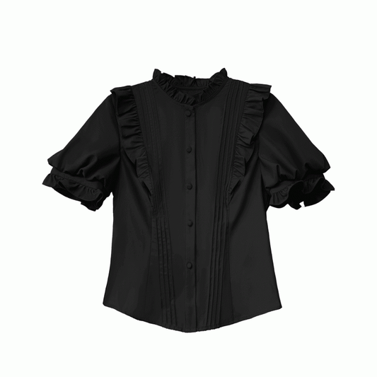 Schwarze Bluse mit Rüschenausschnitt, Puffärmeln und Faltendetails