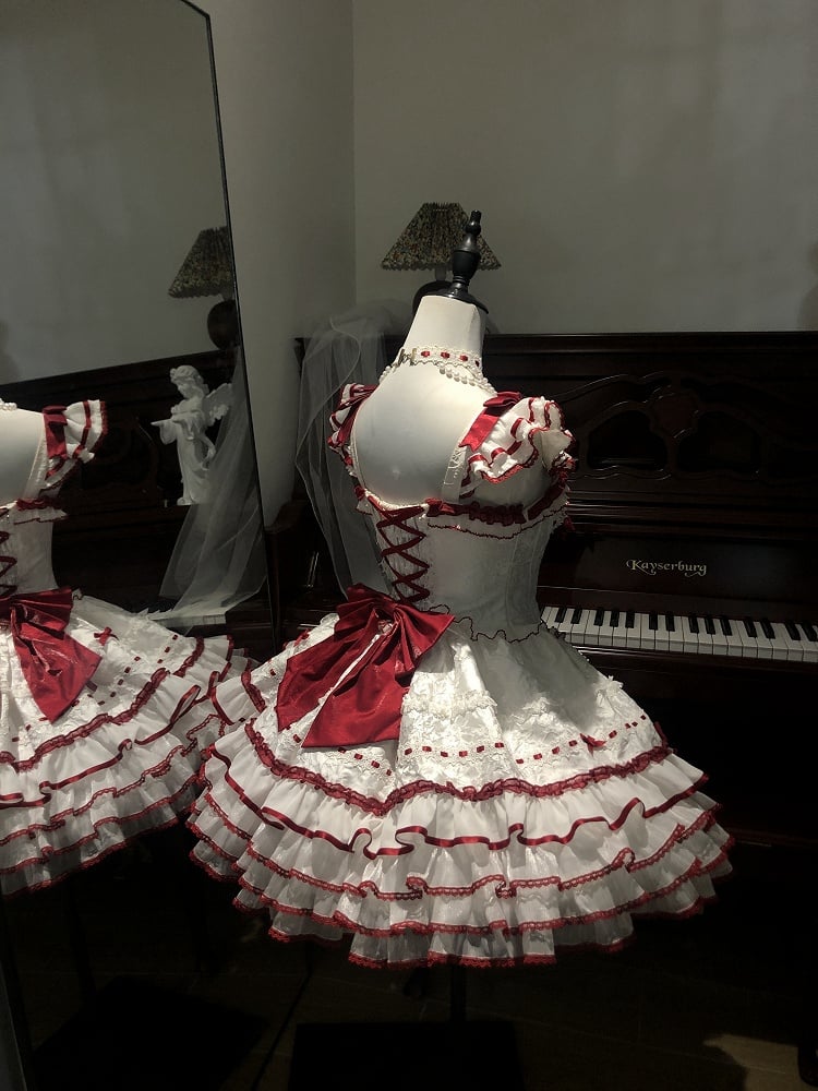 Ruffles Accents Skirt White Bow Jumper Tiered Princess Red Lolita