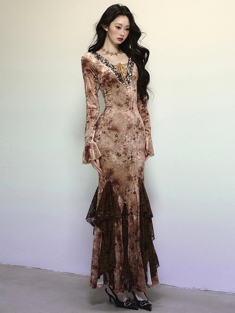 Coffee Sequins V-neck High Waist Lace Patchwork Flounce Mermaid Skirt Velvet Dress Evening Gown