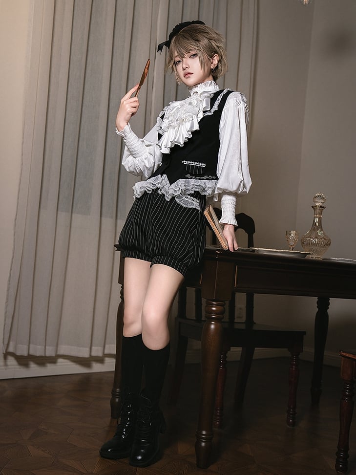 Weiße, gekreuzte Spitzensaum-Schwarze Ouji Lolita-Weste