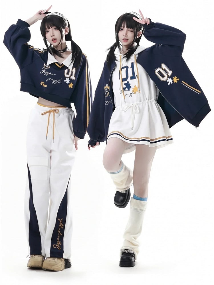 Collared Sweatshirt Preppy Cropped with Print Number Blue Dark Shield Patch