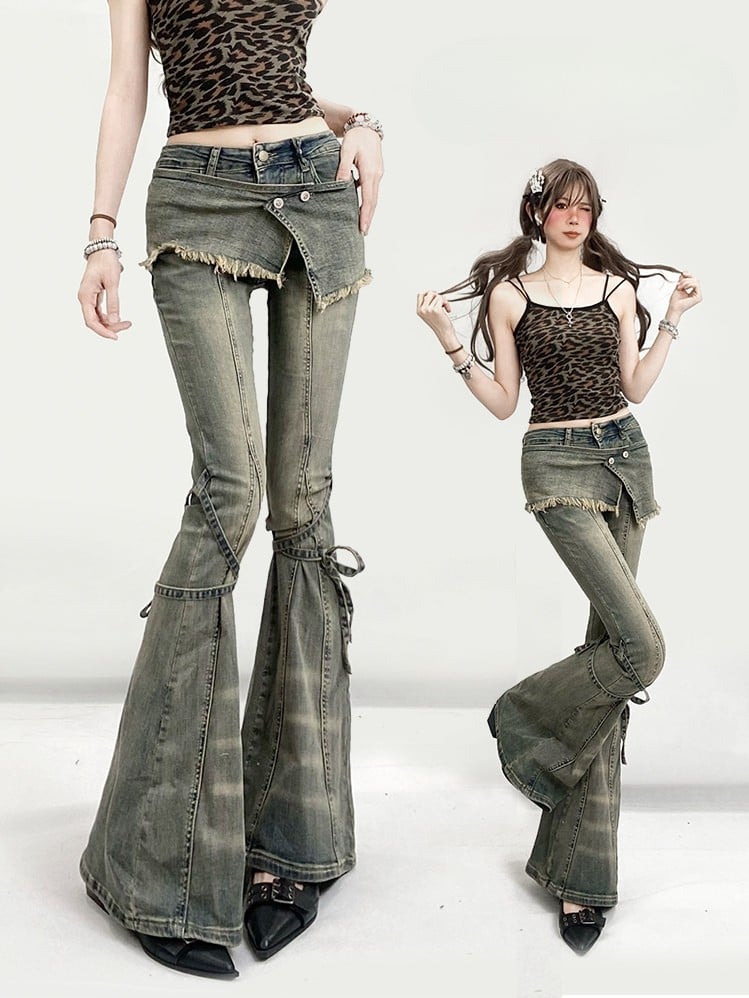 Design Jeans Silhouette Lace-up Faded Glamorous Wash Bittersweet Detail Kawaii Green Flare