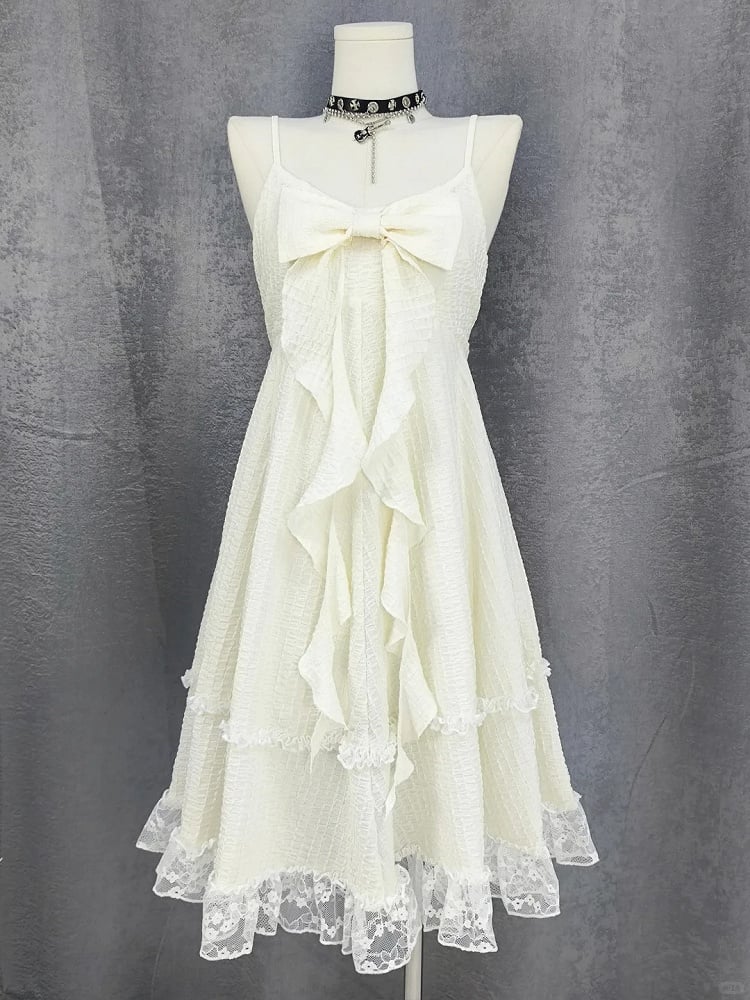 Big Bow Neckline Lace Skirt Apricot Cami Dress Trim Bubble