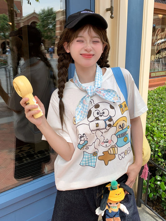 Baumwoll-T-Shirt mit entzückendem Animal-Print, weiß, Rundhalsausschnitt, locker