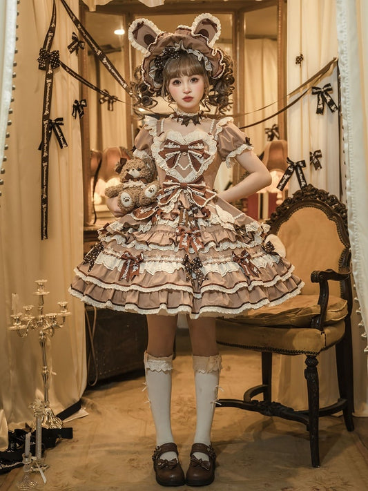 One Bow Ruffle Lolita Sweet Bunny Theme Dress Brown Accents Piece Princess