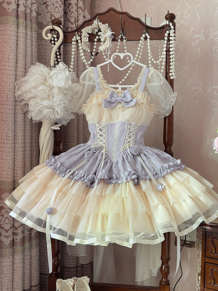 Train Beige and Purple Big Corset Sweet Lolita Balletcore Dress Waist Lace-up with Bow JSK