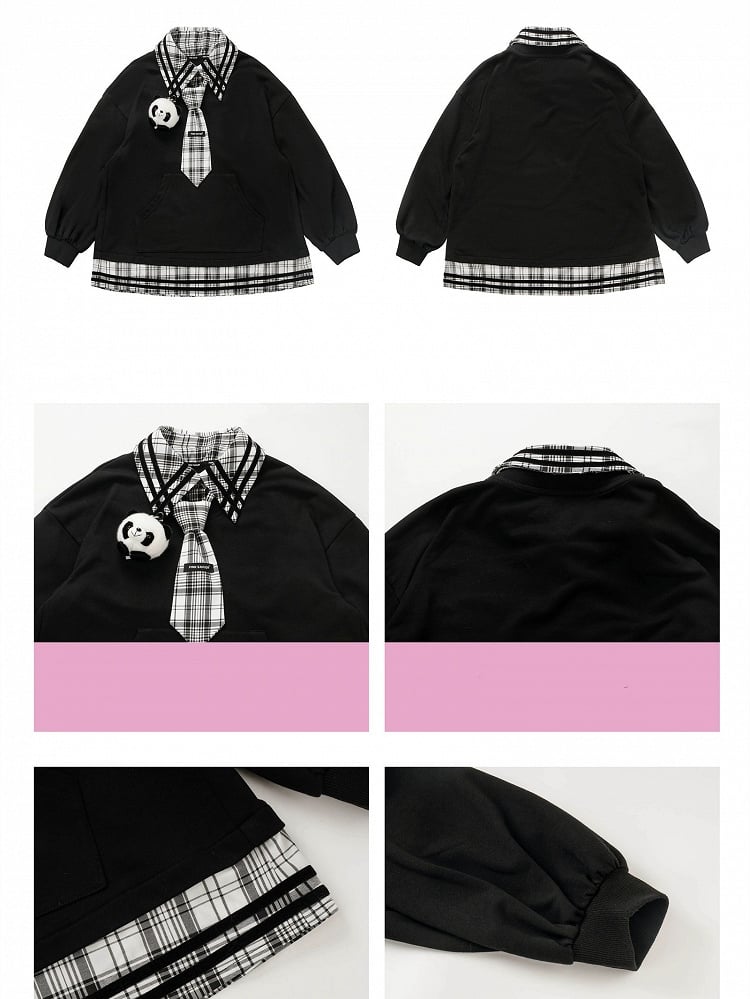 Panda Toy Sweatshirt Black Splicing Plush Plaid with